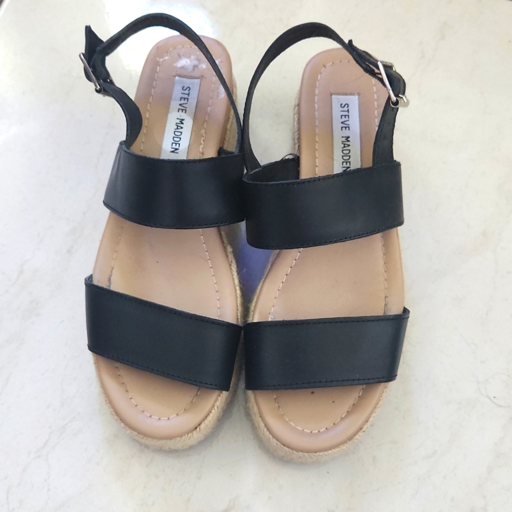 Steve Madden Womens Black Leather Wedge Sandals  Size 7